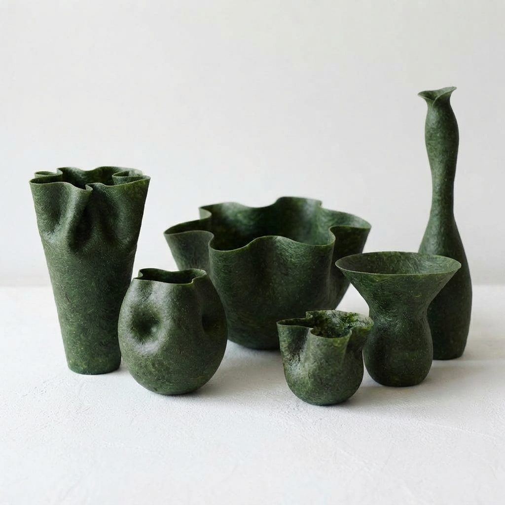 A full family of Harbor Forms seaweed-grown vessels, various heights and silhouettes