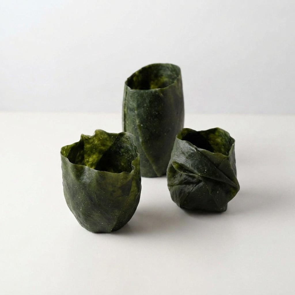 Three organic seaweed vessels with textured, wave-formed rims